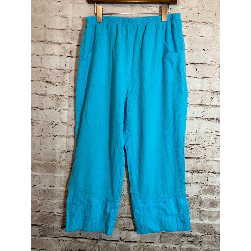 Lulu B Cropped Pants Womens 1X Turquoise Lightweight Beachy Wide Leg Fray Trim
